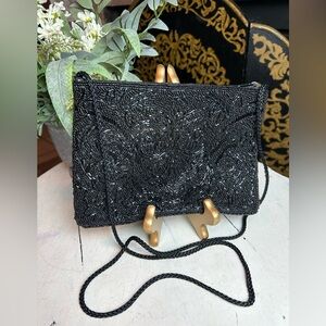 PARTNERS Purse Bag Clutch Black Beaded Crossbody Sling Evening Shoulder 8.5 X 6